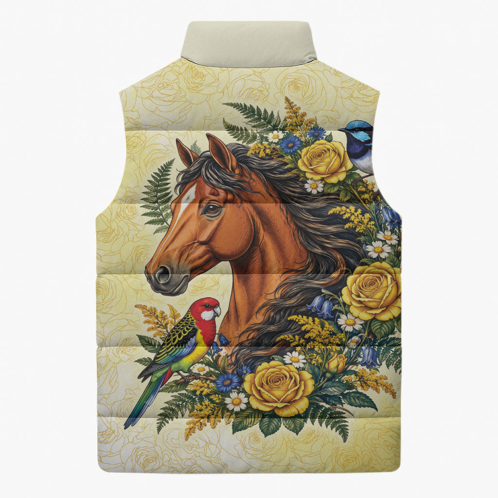 Melbourne Horse Yellow Rose Wreath Sleeveless Puffer Jacket Aussie Blue Wren and Rosella Parrot