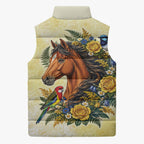 Melbourne Horse Yellow Rose Wreath Sleeveless Puffer Jacket Aussie Blue Wren and Rosella Parrot
