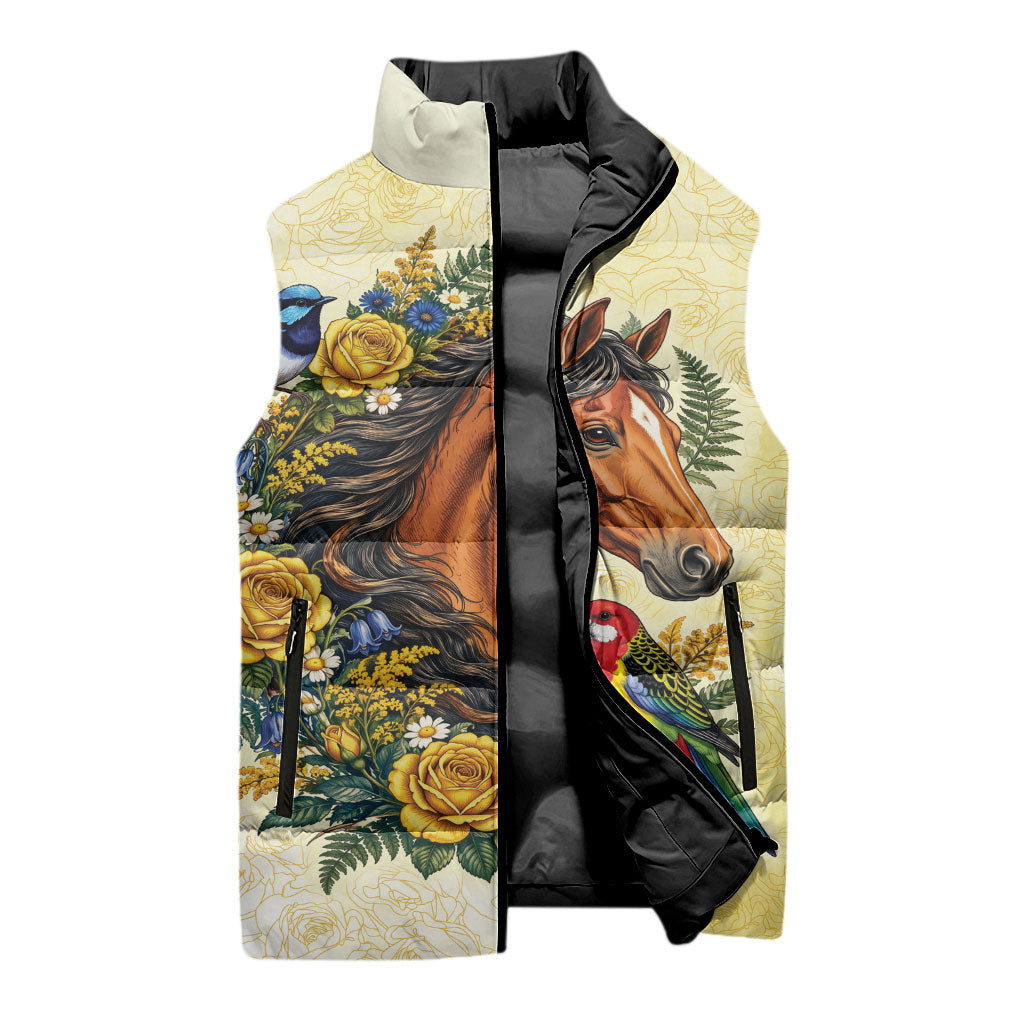 Melbourne Horse Yellow Rose Wreath Sleeveless Puffer Jacket Aussie Blue Wren and Rosella Parrot
