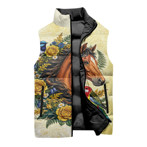 Melbourne Horse Yellow Rose Wreath Sleeveless Puffer Jacket Aussie Blue Wren and Rosella Parrot