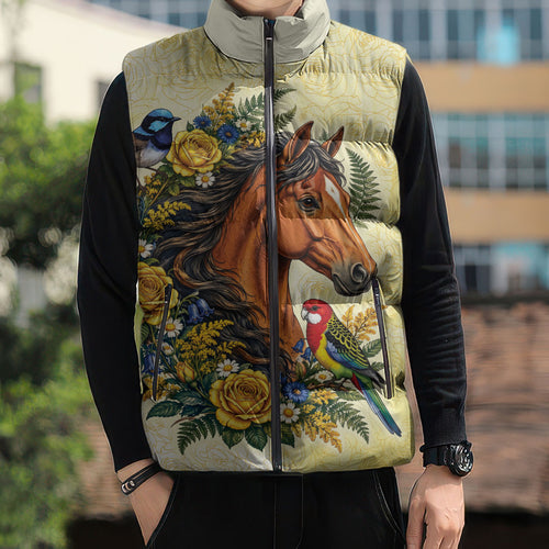 Melbourne Horse Yellow Rose Wreath Sleeveless Puffer Jacket Aussie Blue Wren and Rosella Parrot