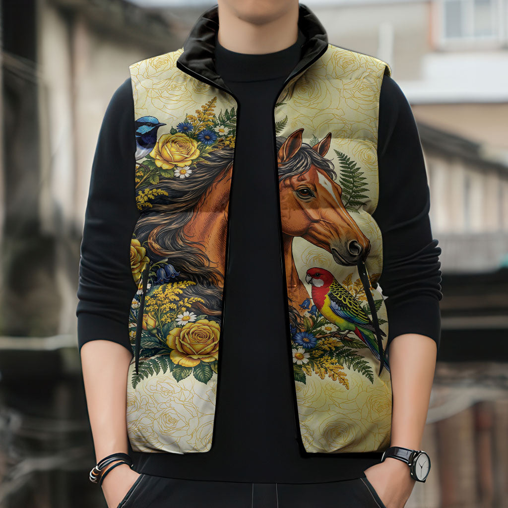 Melbourne Horse Yellow Rose Wreath Sleeveless Puffer Jacket Aussie Blue Wren and Rosella Parrot