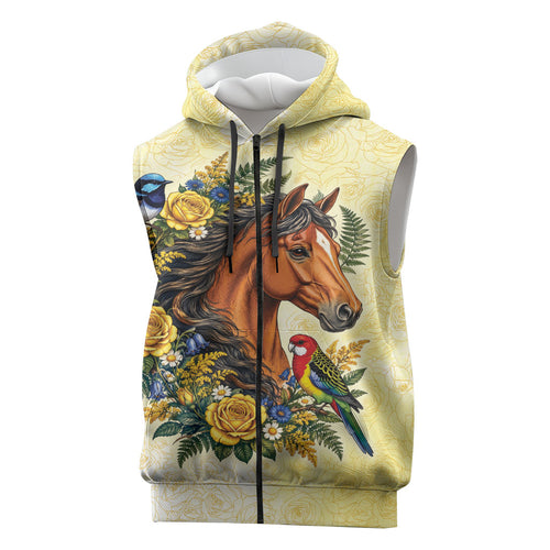 Melbourne Horse Yellow Rose Wreath Sleeveless Zip Hoodie Aussie Blue Wren and Rosella Parrot
