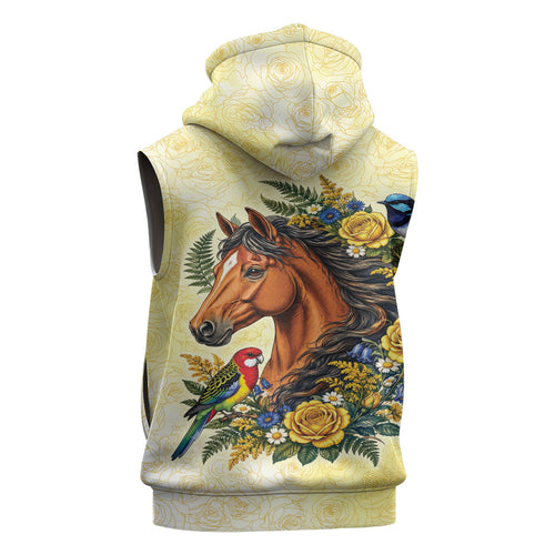 Melbourne Horse Yellow Rose Wreath Sleeveless Zip Hoodie Aussie Blue Wren and Rosella Parrot