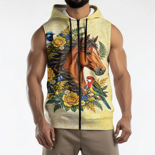 Melbourne Horse Yellow Rose Wreath Sleeveless Zip Hoodie Aussie Blue Wren and Rosella Parrot