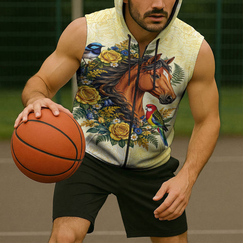 Melbourne Horse Yellow Rose Wreath Sleeveless Zip Hoodie Aussie Blue Wren and Rosella Parrot