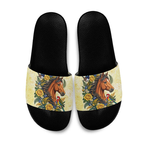 Melbourne Horse Yellow Rose Wreath Slide Sandals Aussie Blue Wren and Rosella Parrot