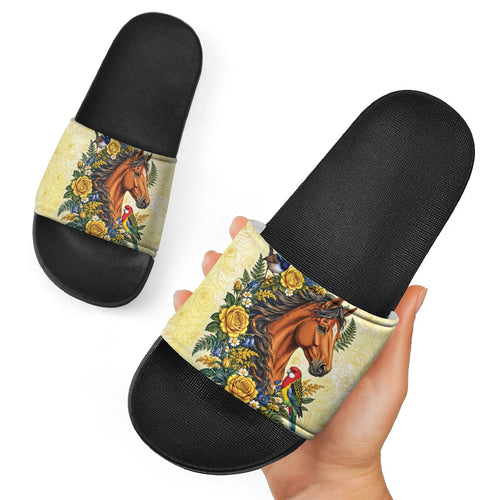 Melbourne Horse Yellow Rose Wreath Slide Sandals Aussie Blue Wren and Rosella Parrot