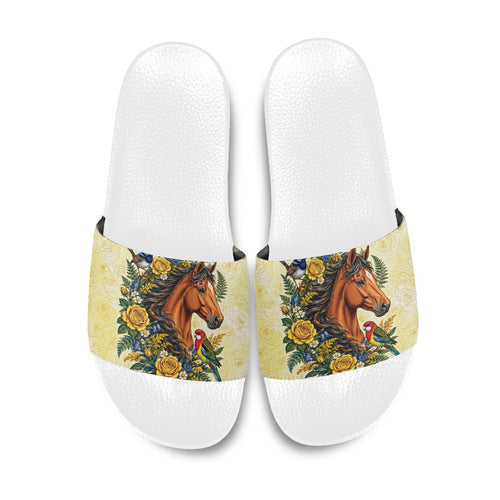 Melbourne Horse Yellow Rose Wreath Slide Sandals Aussie Blue Wren and Rosella Parrot