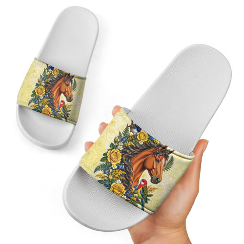 Melbourne Horse Yellow Rose Wreath Slide Sandals Aussie Blue Wren and Rosella Parrot