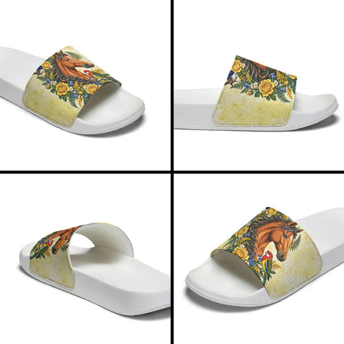 Melbourne Horse Yellow Rose Wreath Slide Sandals Aussie Blue Wren and Rosella Parrot