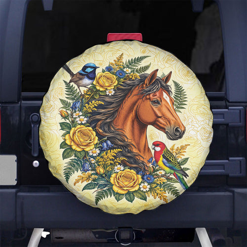 Melbourne Horse Yellow Rose Wreath Spare Tire Cover Aussie Blue Wren and Rosella Parrot