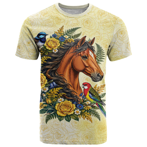Melbourne Horse Yellow Rose Wreath T Shirt Aussie Blue Wren and Rosella Parrot