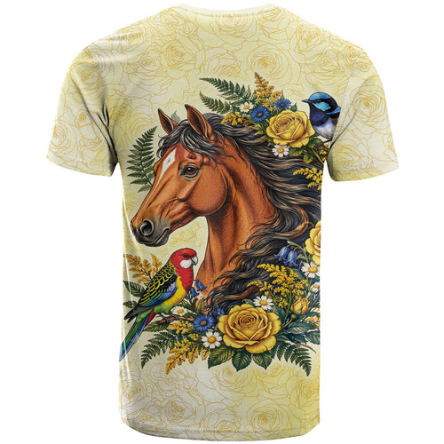 Melbourne Horse Yellow Rose Wreath T Shirt Aussie Blue Wren and Rosella Parrot