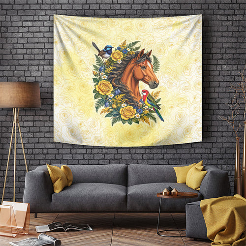 Melbourne Horse Yellow Rose Wreath Tapestry Aussie Blue Wren and Rosella Parrot