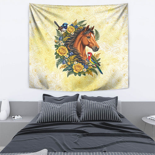 Melbourne Horse Yellow Rose Wreath Tapestry Aussie Blue Wren and Rosella Parrot