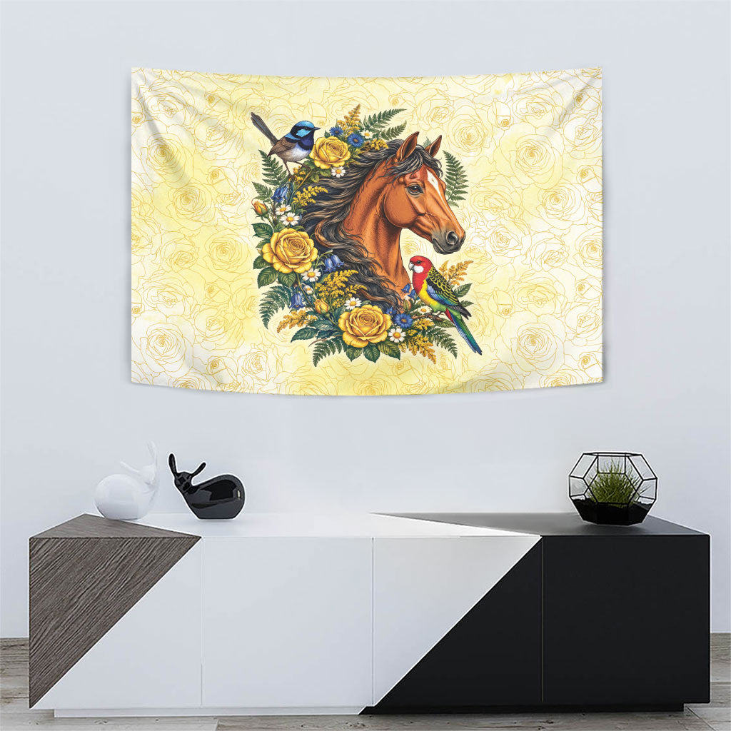 Melbourne Horse Yellow Rose Wreath Tapestry Aussie Blue Wren and Rosella Parrot
