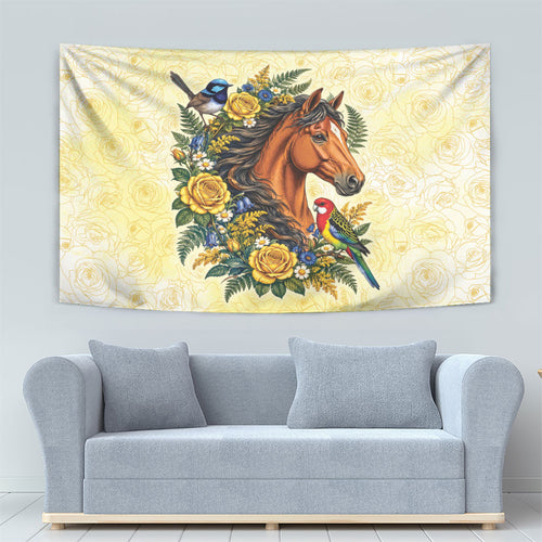Melbourne Horse Yellow Rose Wreath Tapestry Aussie Blue Wren and Rosella Parrot