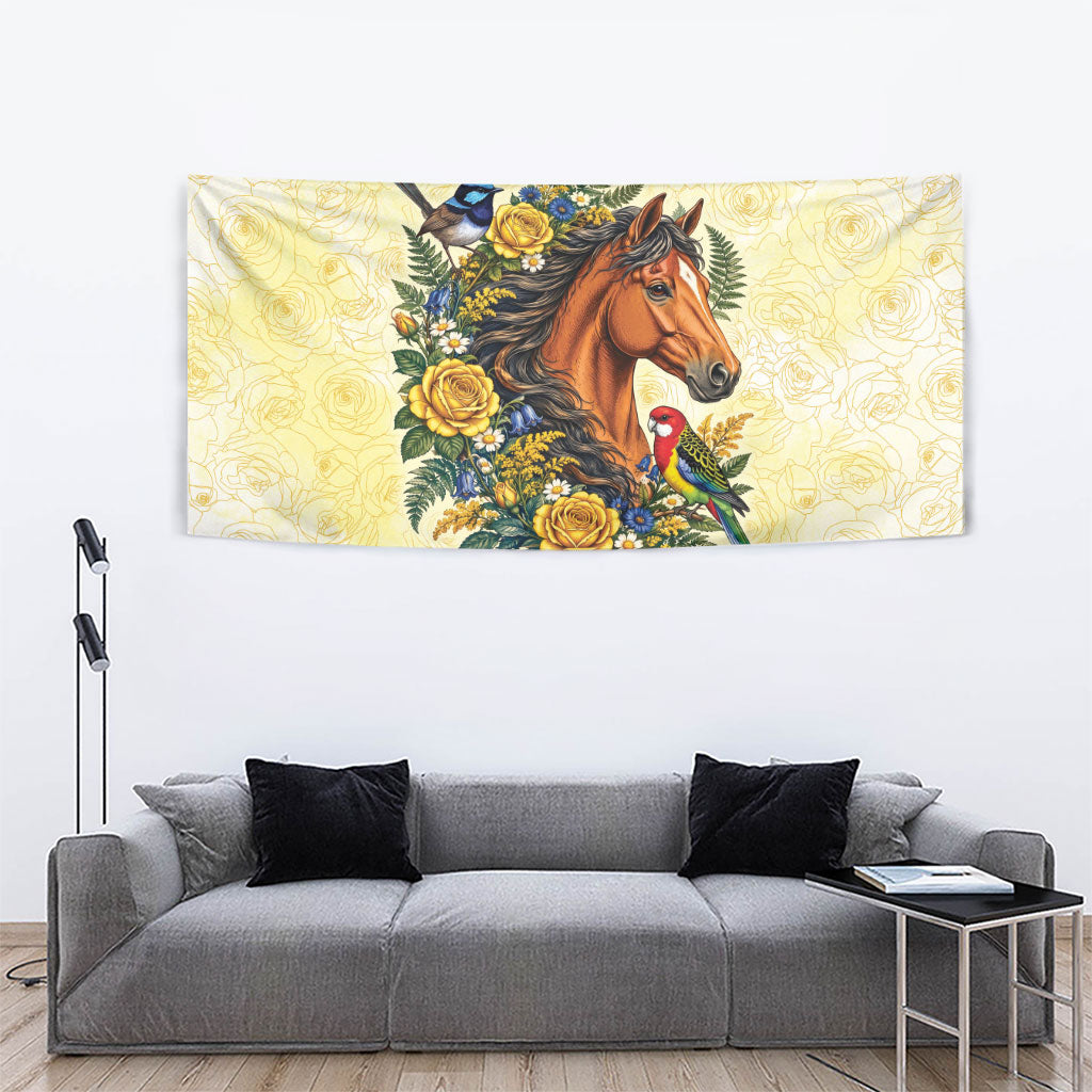 Melbourne Horse Yellow Rose Wreath Tapestry Aussie Blue Wren and Rosella Parrot