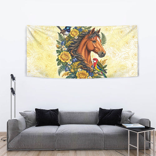 Melbourne Horse Yellow Rose Wreath Tapestry Aussie Blue Wren and Rosella Parrot