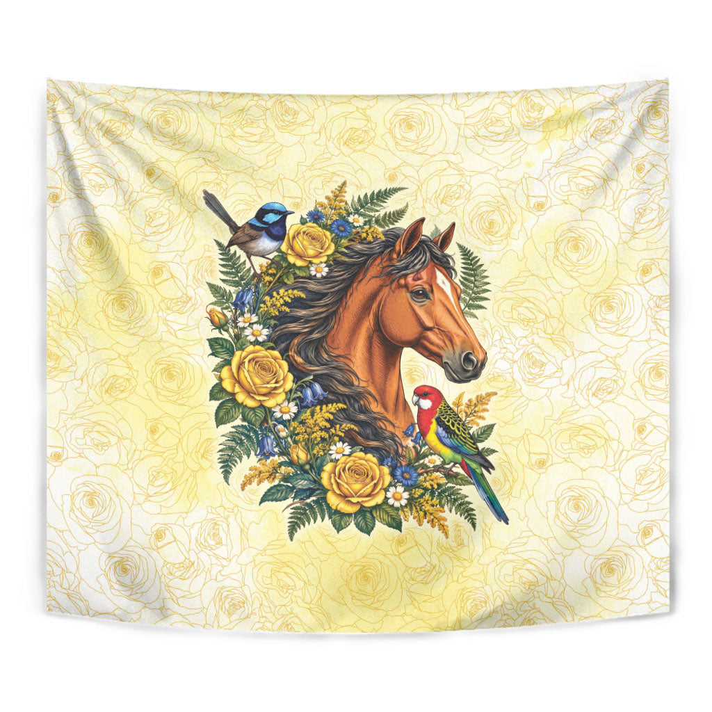 Melbourne Horse Yellow Rose Wreath Tapestry Aussie Blue Wren and Rosella Parrot
