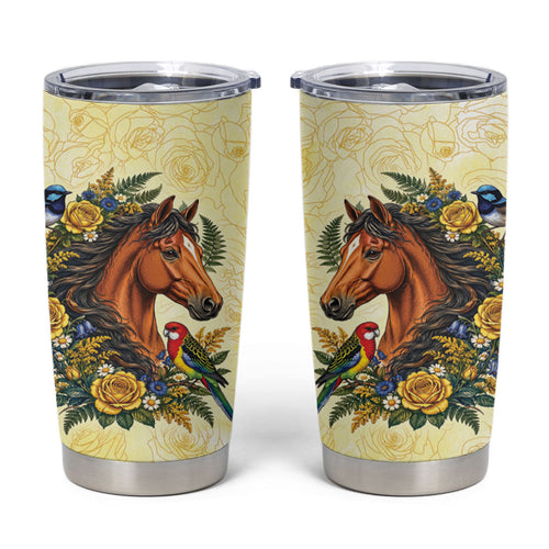 Melbourne Horse Yellow Rose Wreath Tumbler Cup Aussie Blue Wren and Rosella Parrot