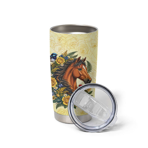 Melbourne Horse Yellow Rose Wreath Tumbler Cup Aussie Blue Wren and Rosella Parrot