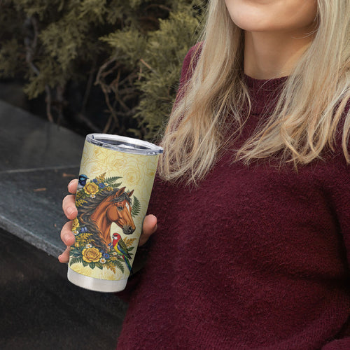 Melbourne Horse Yellow Rose Wreath Tumbler Cup Aussie Blue Wren and Rosella Parrot