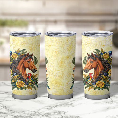 Melbourne Horse Yellow Rose Wreath Tumbler Cup Aussie Blue Wren and Rosella Parrot