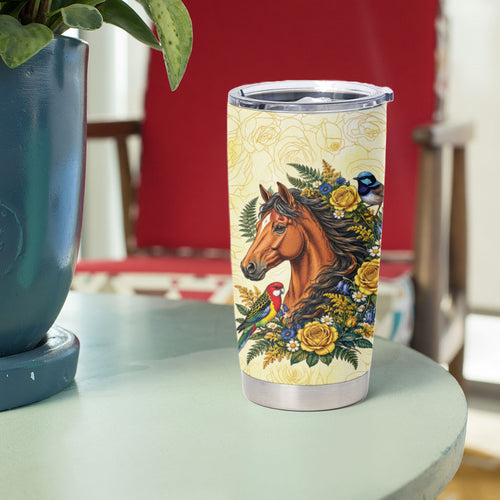 Melbourne Horse Yellow Rose Wreath Tumbler Cup Aussie Blue Wren and Rosella Parrot