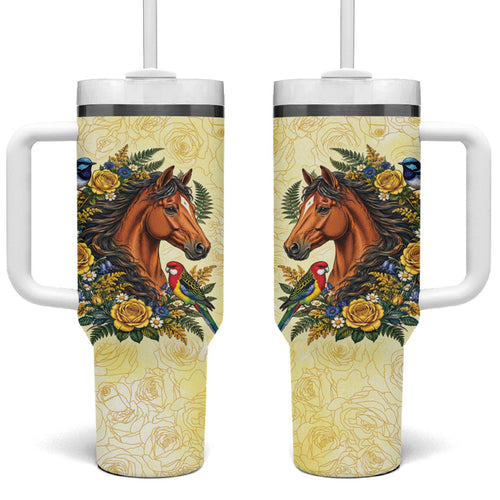 Melbourne Horse Yellow Rose Wreath Tumbler With Handle Aussie Blue Wren and Rosella Parrot