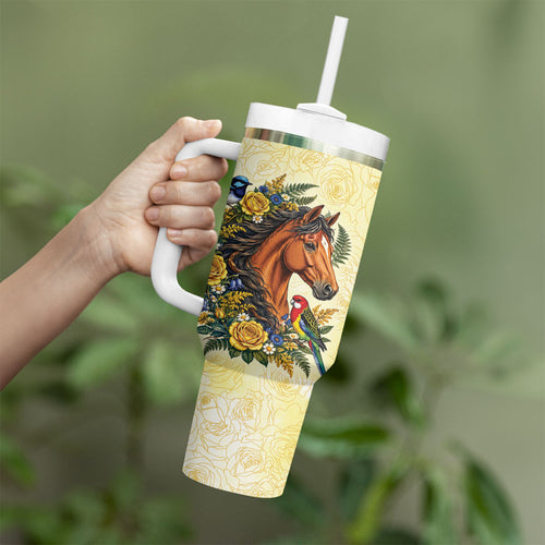 Melbourne Horse Yellow Rose Wreath Tumbler With Handle Aussie Blue Wren and Rosella Parrot