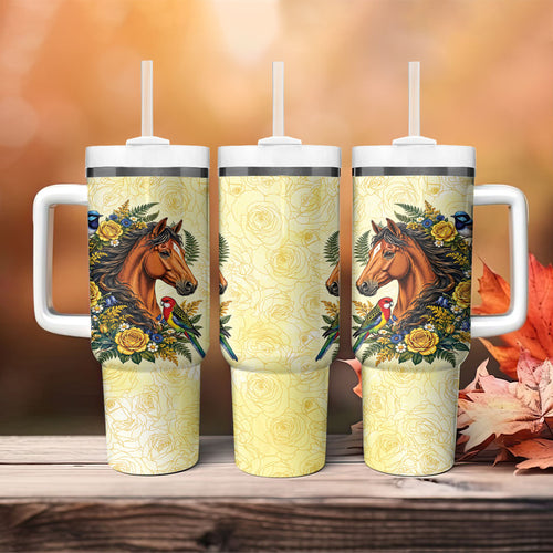 Melbourne Horse Yellow Rose Wreath Tumbler With Handle Aussie Blue Wren and Rosella Parrot