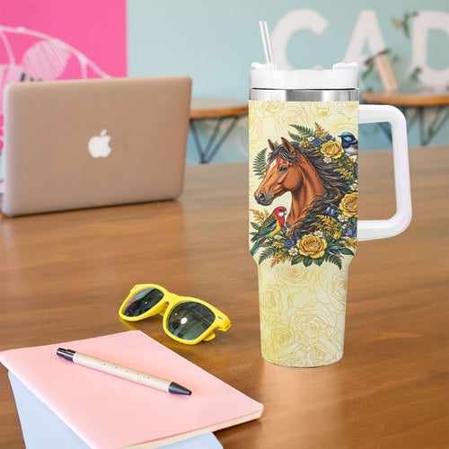 Melbourne Horse Yellow Rose Wreath Tumbler With Handle Aussie Blue Wren and Rosella Parrot