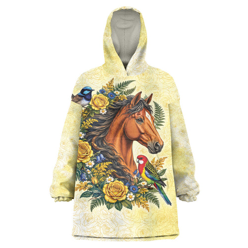 Melbourne Horse Yellow Rose Wreath Wearable Blanket Hoodie Aussie Blue Wren and Rosella Parrot