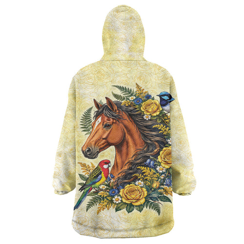 Melbourne Horse Yellow Rose Wreath Wearable Blanket Hoodie Aussie Blue Wren and Rosella Parrot
