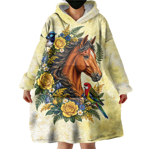 Melbourne Horse Yellow Rose Wreath Wearable Blanket Hoodie Aussie Blue Wren and Rosella Parrot