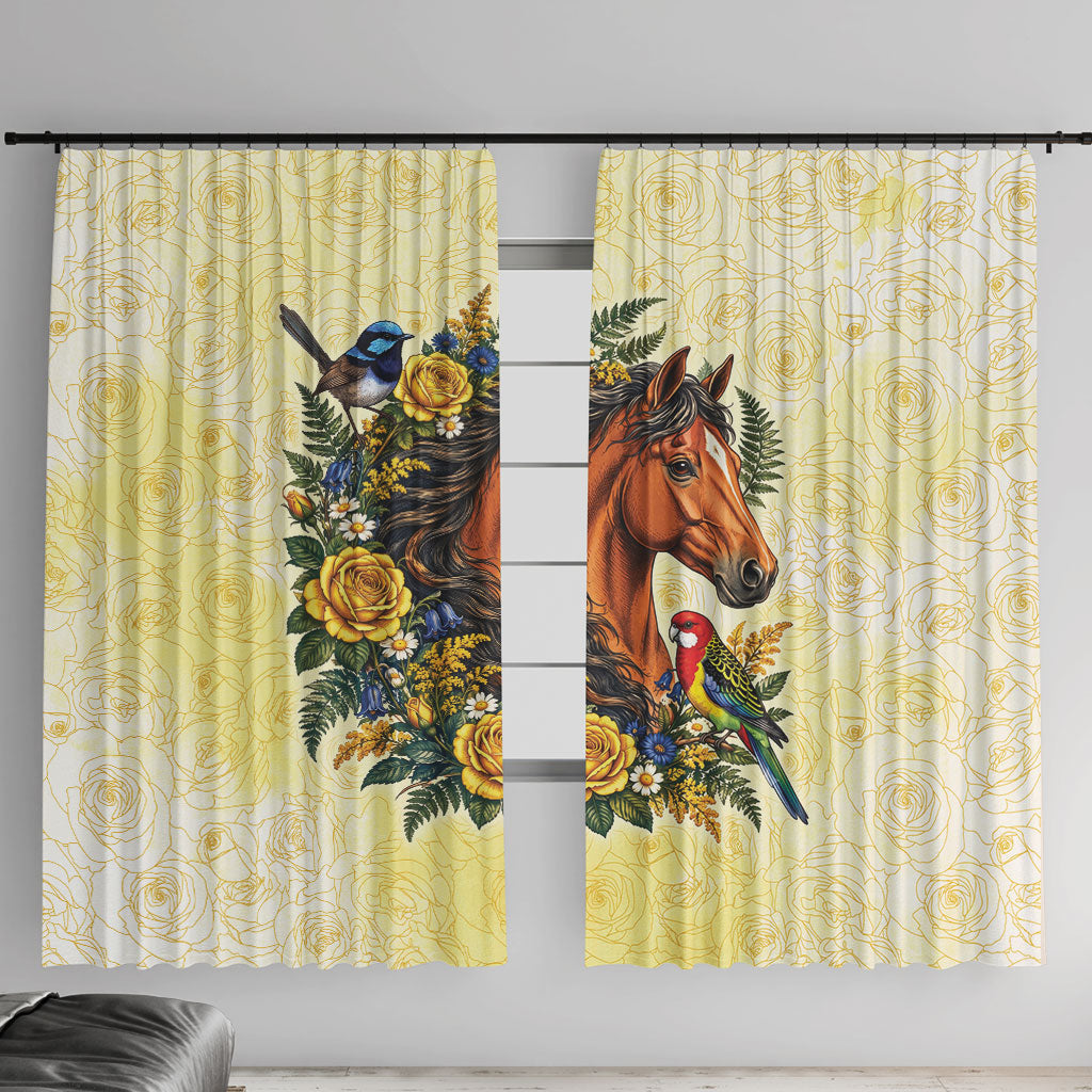 Melbourne Horse Yellow Rose Wreath Window Curtain Aussie Blue Wren and Rosella Parrot