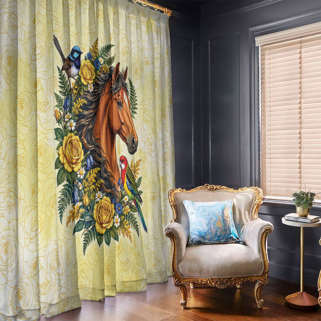 Melbourne Horse Yellow Rose Wreath Window Curtain Aussie Blue Wren and Rosella Parrot