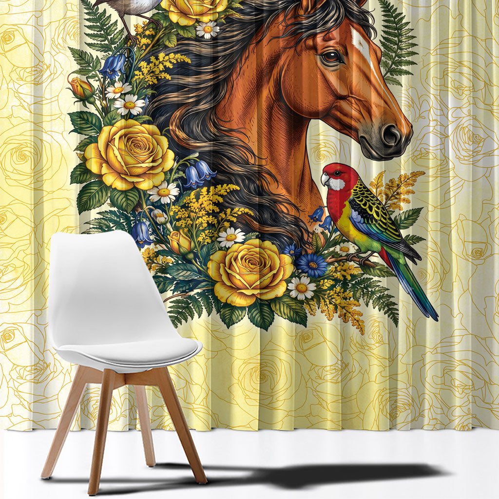 Melbourne Horse Yellow Rose Wreath Window Curtain Aussie Blue Wren and Rosella Parrot