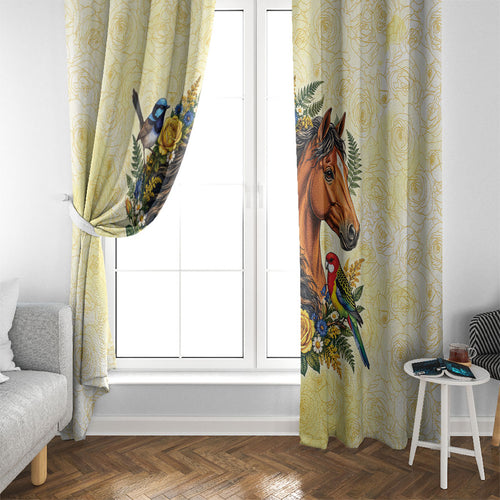 Melbourne Horse Yellow Rose Wreath Window Curtain Aussie Blue Wren and Rosella Parrot