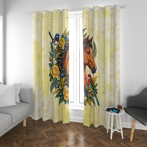 Melbourne Horse Yellow Rose Wreath Window Curtain Aussie Blue Wren and Rosella Parrot