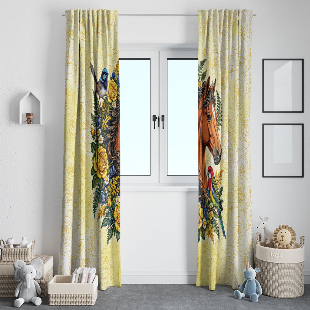 Melbourne Horse Yellow Rose Wreath Window Curtain Aussie Blue Wren and Rosella Parrot