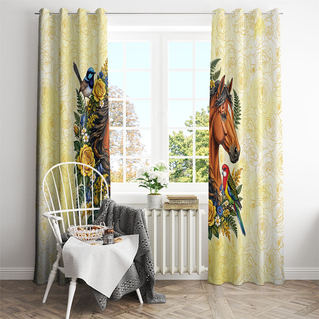 Melbourne Horse Yellow Rose Wreath Window Curtain Aussie Blue Wren and Rosella Parrot