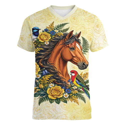 Melbourne Horse Yellow Rose Wreath Women V-Neck T-Shirt Aussie Blue Wren and Rosella Parrot