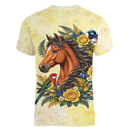 Melbourne Horse Yellow Rose Wreath Women V-Neck T-Shirt Aussie Blue Wren and Rosella Parrot