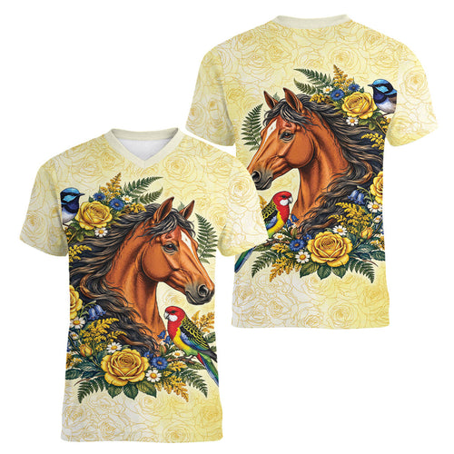 Melbourne Horse Yellow Rose Wreath Women V-Neck T-Shirt Aussie Blue Wren and Rosella Parrot