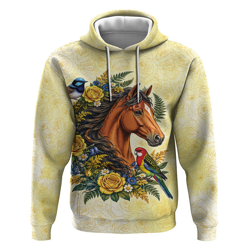 Melbourne Horse Yellow Rose Wreath Zip Hoodie Aussie Blue Wren and Rosella Parrot