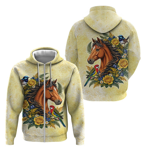 Melbourne Horse Yellow Rose Wreath Zip Hoodie Aussie Blue Wren and Rosella Parrot