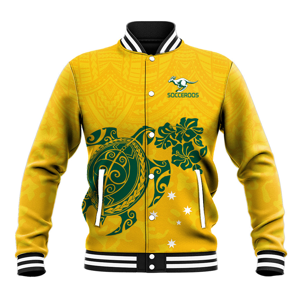 custom-australia-soccer-baseball-jacket-socceroos-hibiscus-and-turtle-with-polynesian-pattern